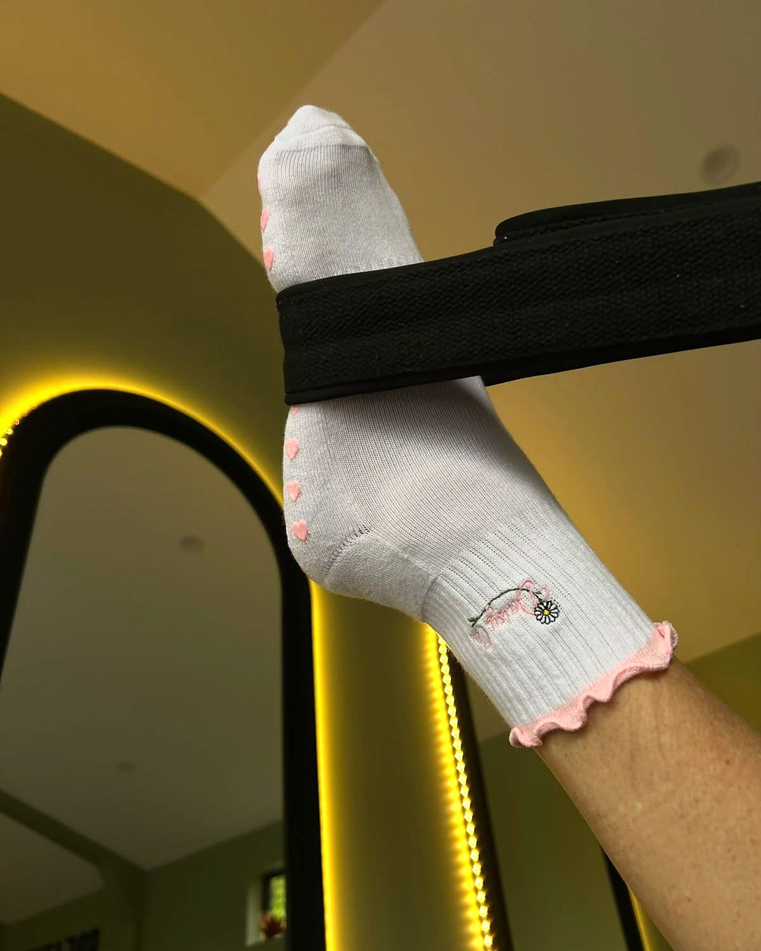 Pink Blossom grip socks with a resistance strap