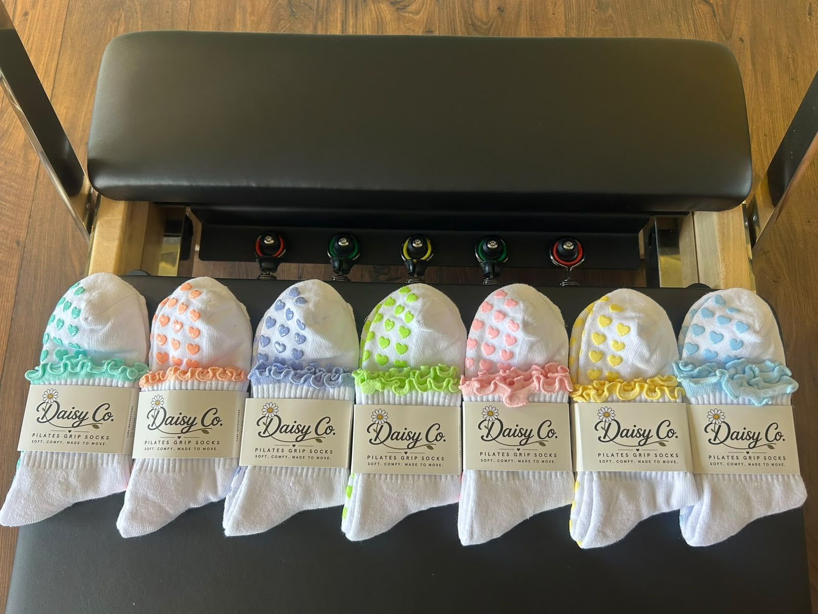 All seven colourways packed and lined up on a reformer